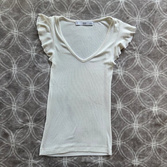 Mango Ribbed V-Neck Blouse/T-Shirt (XS) - White - Picture 3 of 7
